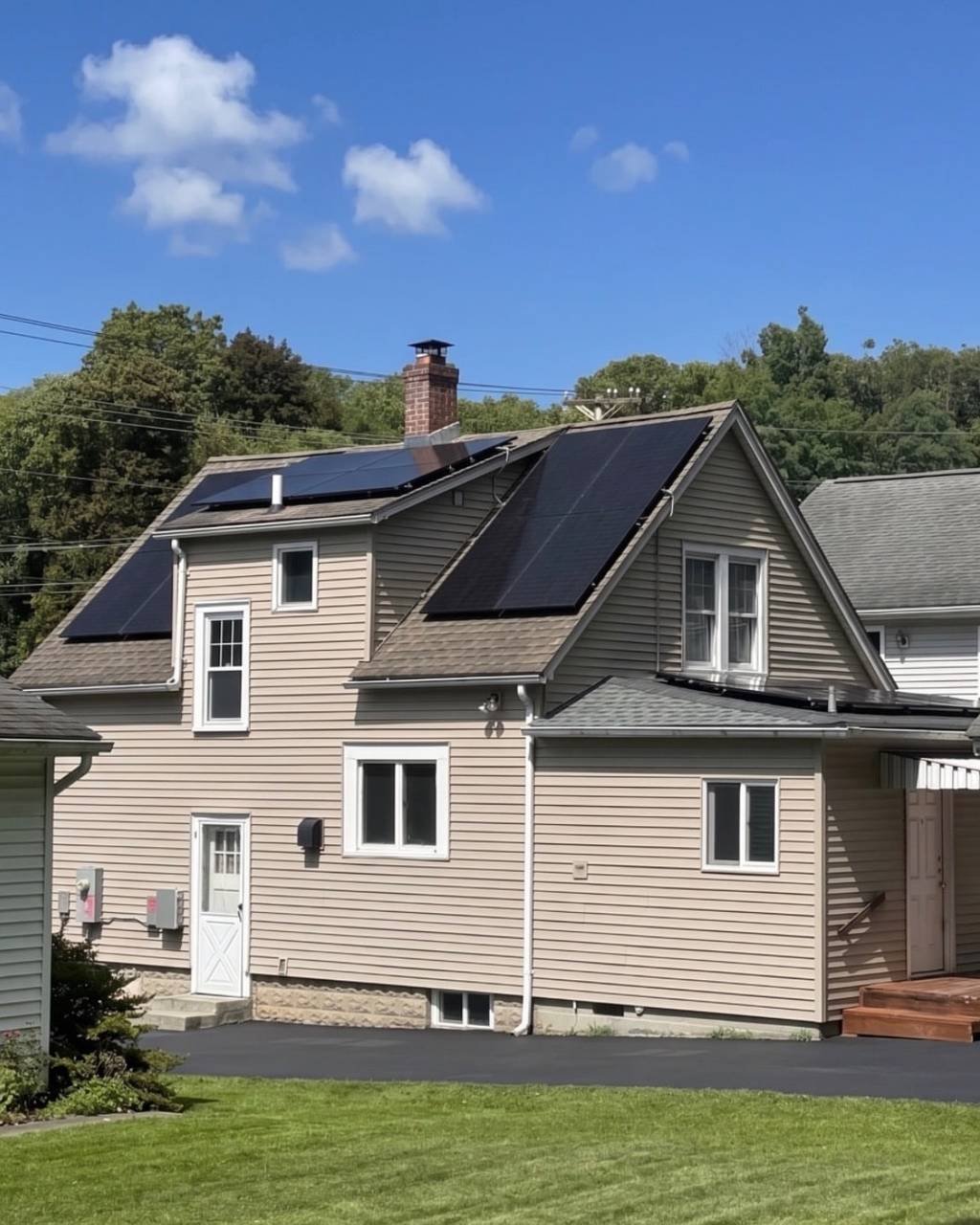 Solar panels on the steep roof of a beige home with dormers